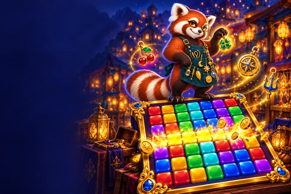 A red panda in a teal apron hung with charms stands on a glowing board of jewel-bright blocks at a lantern-lit night market.