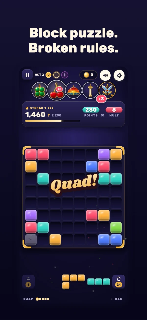 Charm Blocks screenshot: Block puzzle. Broken rules.