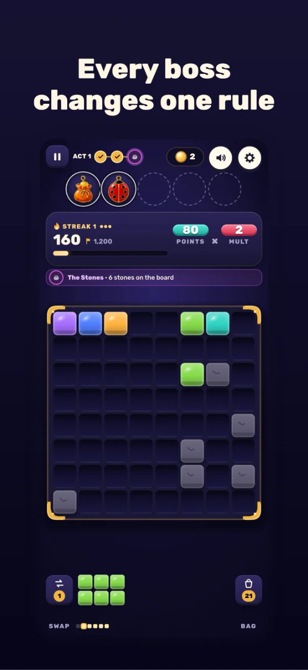 Charm Blocks screenshot: Every boss changes one rule