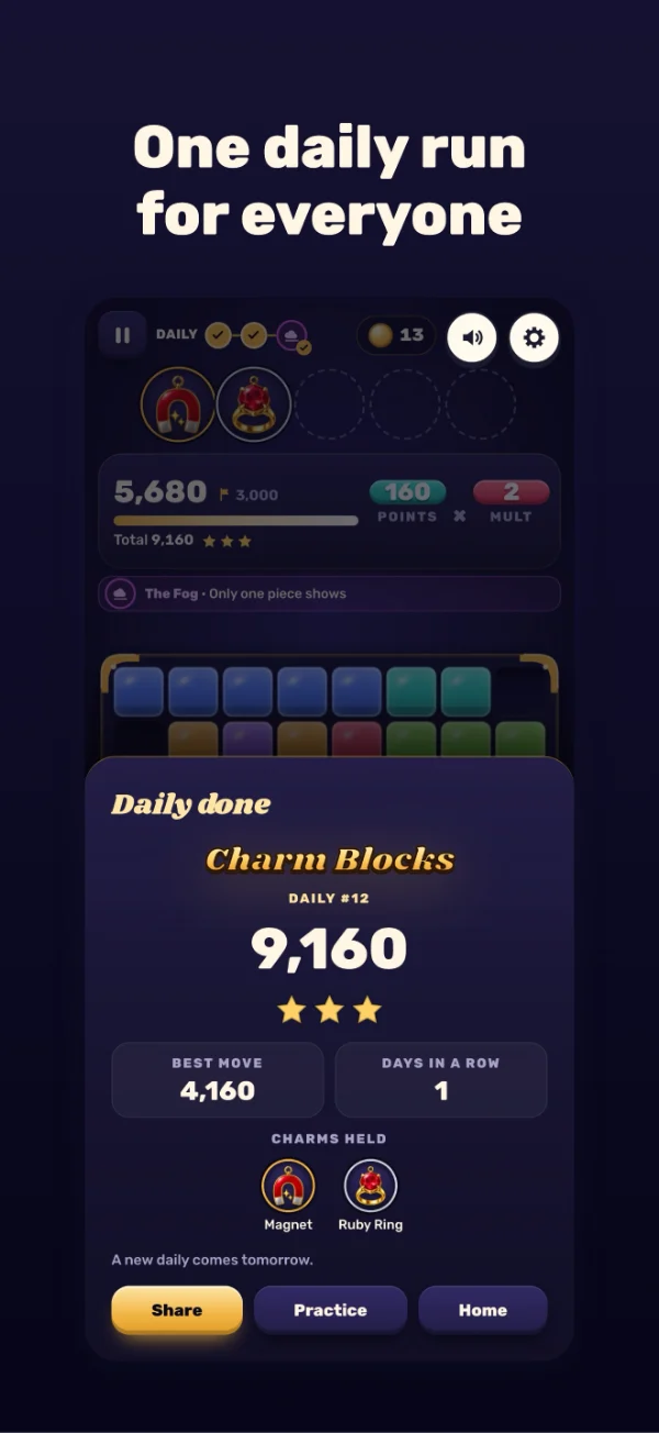 Charm Blocks screenshot: One daily run for everyone