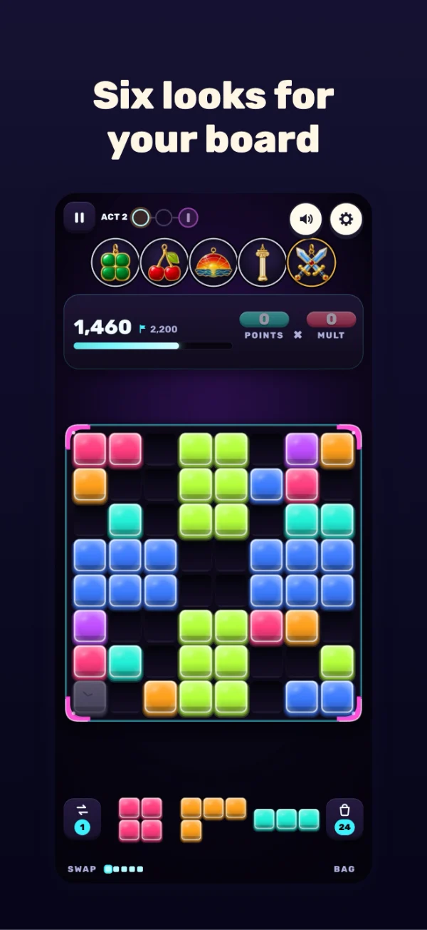 Charm Blocks screenshot: Six looks for your board
