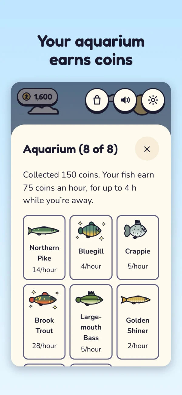 Shiny Catch screenshot: Your aquarium earns coins
