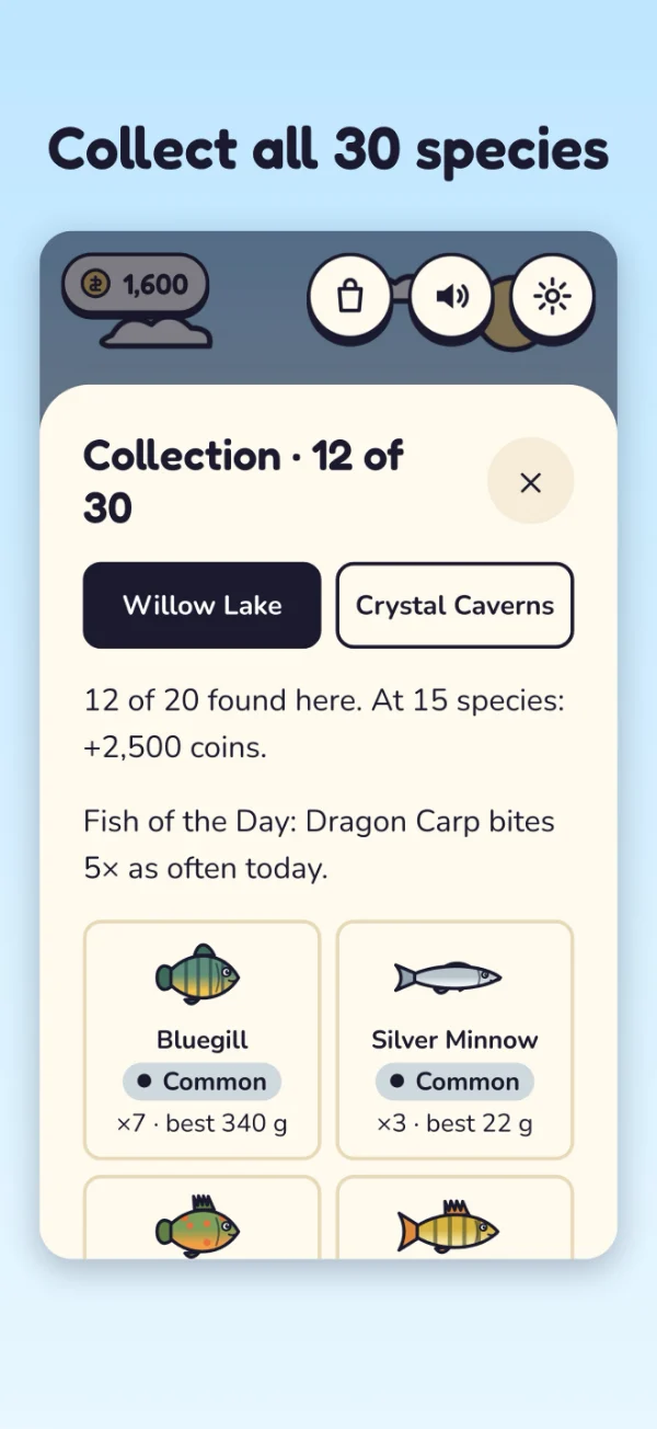 Shiny Catch screenshot: Collect all 30 species